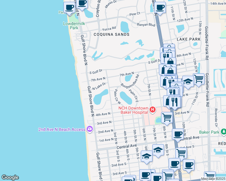 map of restaurants, bars, coffee shops, grocery stores, and more near 637 Palm Circle West in Naples