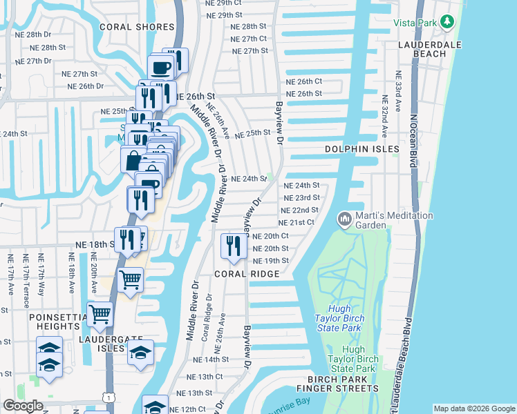 map of restaurants, bars, coffee shops, grocery stores, and more near 2725 Northeast 22nd Street in Fort Lauderdale