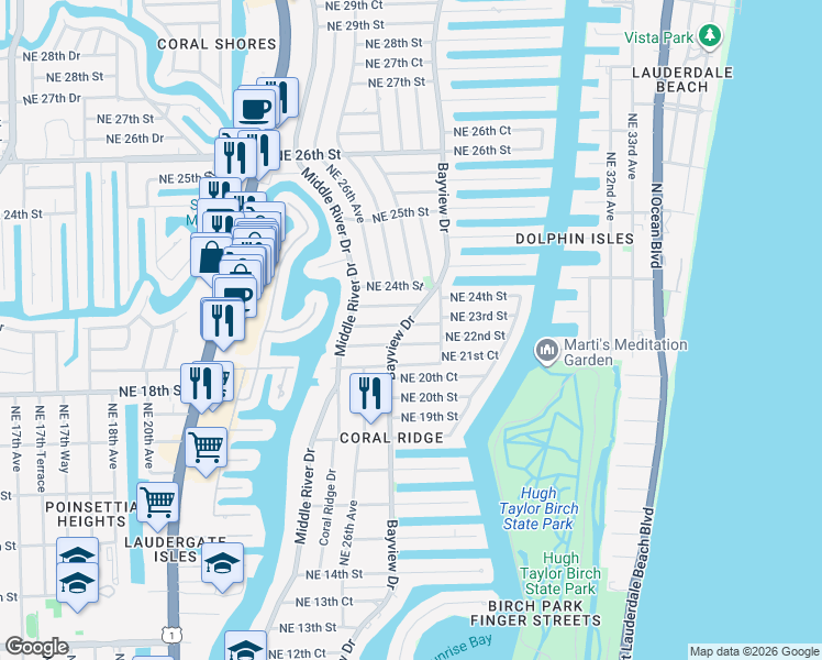 map of restaurants, bars, coffee shops, grocery stores, and more near 2725 Northeast 22nd Street in Fort Lauderdale