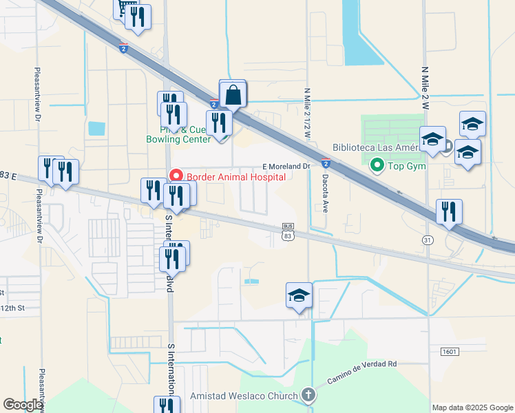 map of restaurants, bars, coffee shops, grocery stores, and more near 805 Palestina Street in Weslaco