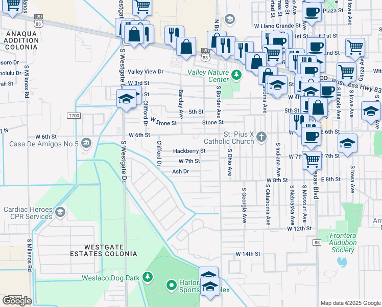 map of restaurants, bars, coffee shops, grocery stores, and more near 1003 Hackberry Street in Weslaco