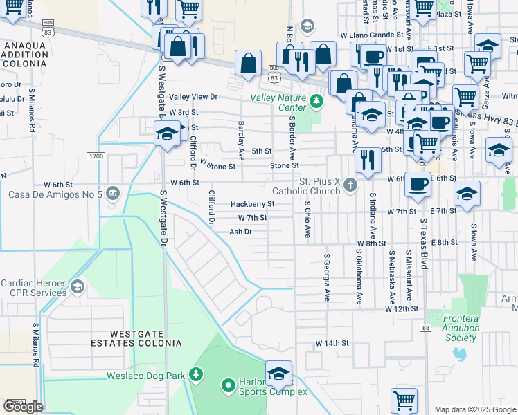map of restaurants, bars, coffee shops, grocery stores, and more near 1003 Hackberry Street in Weslaco