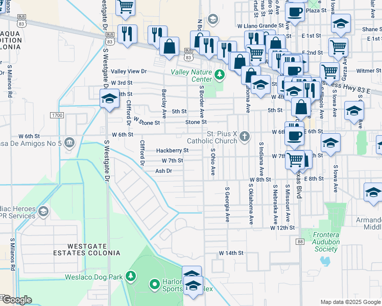 map of restaurants, bars, coffee shops, grocery stores, and more near 906 Hackberry Street in Weslaco