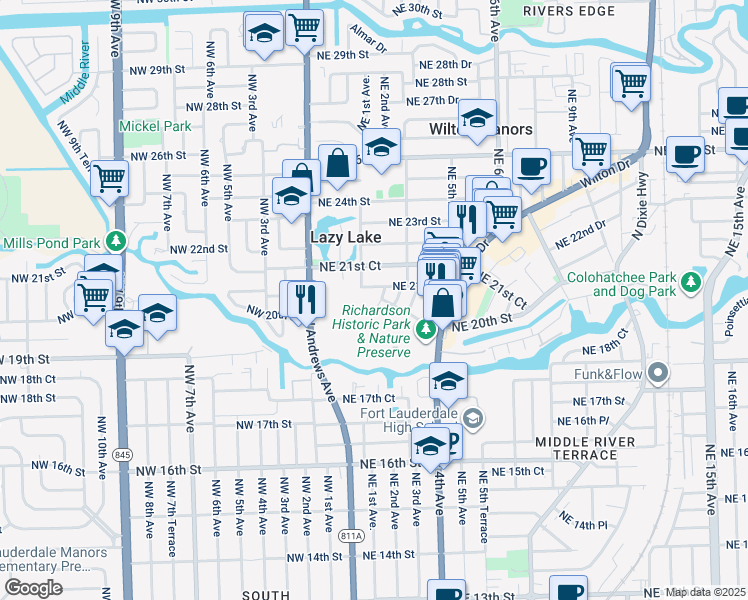 map of restaurants, bars, coffee shops, grocery stores, and more near 125 Northeast 20th Street in Wilton Manors