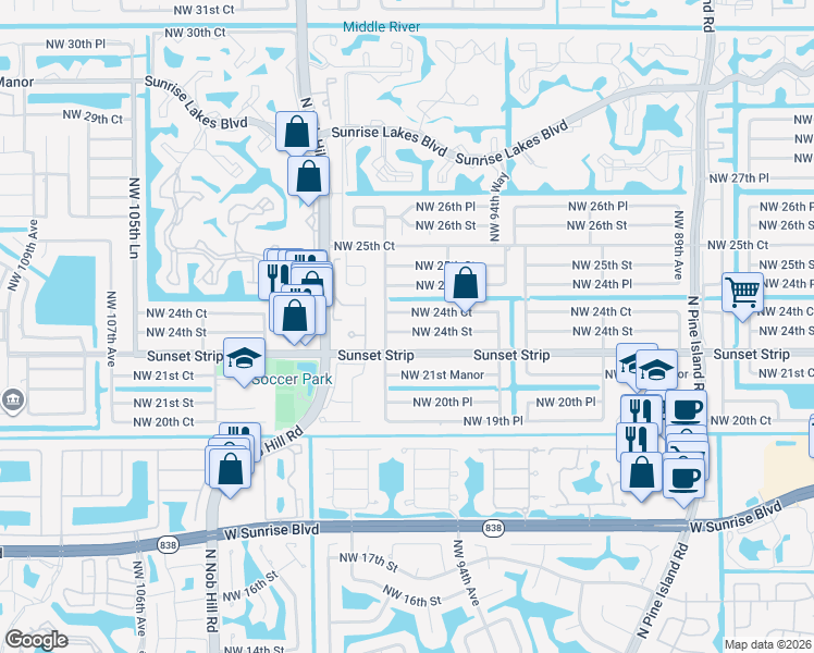 map of restaurants, bars, coffee shops, grocery stores, and more near 9790 Northwest 24th Court in Sunrise