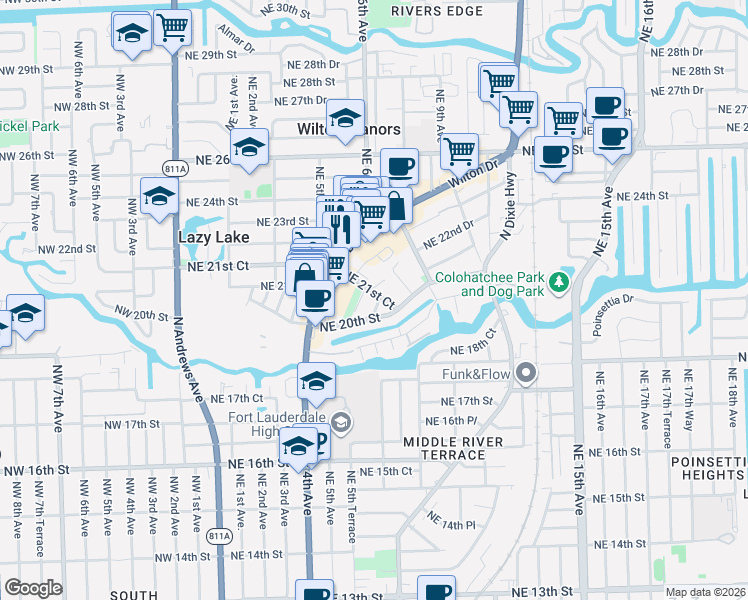map of restaurants, bars, coffee shops, grocery stores, and more near 603 Northeast 21st Court in Wilton Manors