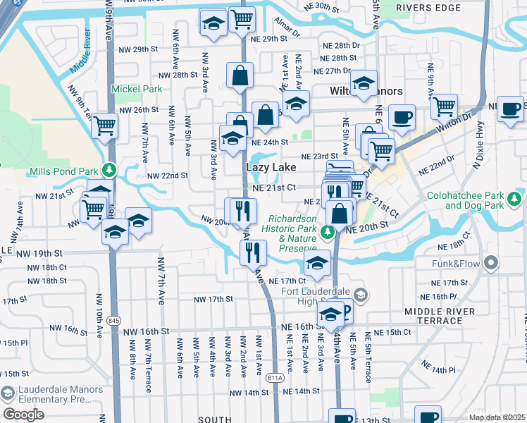 map of restaurants, bars, coffee shops, grocery stores, and more near 129 Northeast 20th Court in Wilton Manors