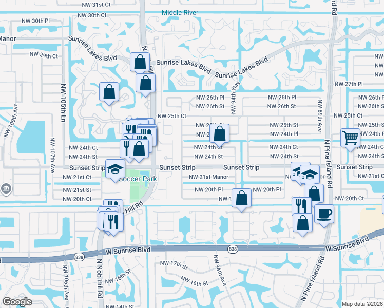 map of restaurants, bars, coffee shops, grocery stores, and more near 9790 Northwest 24th Court in Sunrise