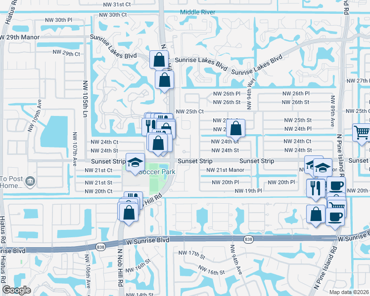 map of restaurants, bars, coffee shops, grocery stores, and more near 2441 Northwest 98th Lane in Sunrise