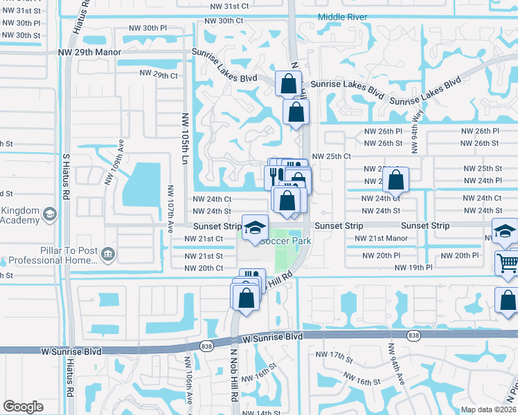 map of restaurants, bars, coffee shops, grocery stores, and more near 10190 Northwest 24th Court in Sunrise