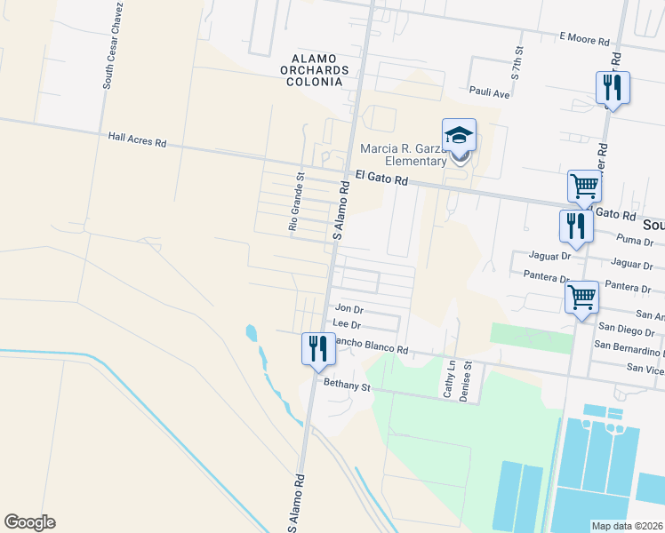 map of restaurants, bars, coffee shops, grocery stores, and more near 1349 South Alamo Road in Alamo
