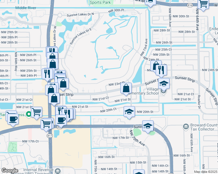 map of restaurants, bars, coffee shops, grocery stores, and more near 7620 Northwest 23rd Street in Sunrise