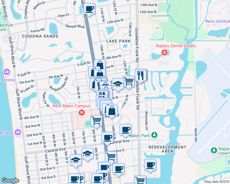 map of restaurants, bars, coffee shops, grocery stores, and more near 1034 6th Avenue North in Naples
