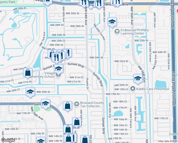 map of restaurants, bars, coffee shops, grocery stores, and more near 2241 Northwest 61st Avenue in Sunrise