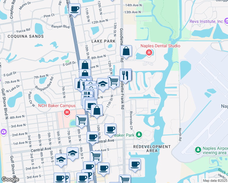 map of restaurants, bars, coffee shops, grocery stores, and more near 542 11th Street North in Naples