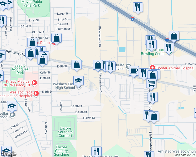 map of restaurants, bars, coffee shops, grocery stores, and more near 624 Pleasantview Drive in Weslaco