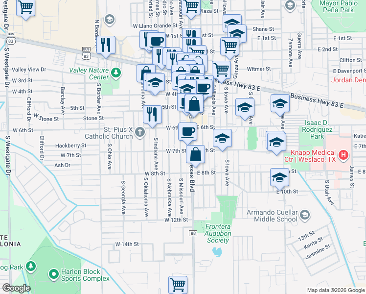 map of restaurants, bars, coffee shops, grocery stores, and more near 620 South Missouri Avenue in Weslaco