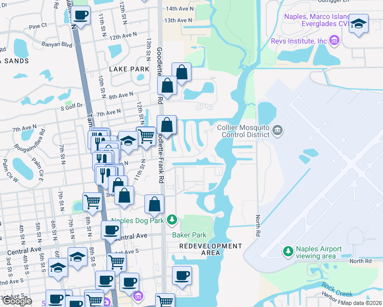 map of restaurants, bars, coffee shops, grocery stores, and more near 502 13th Street North in Naples