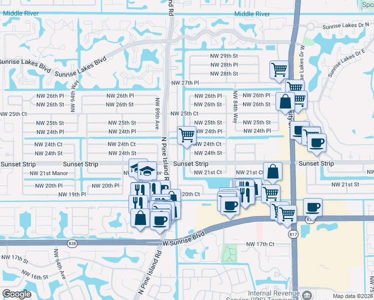 map of restaurants, bars, coffee shops, grocery stores, and more near 2420 Northwest 87th Lane in Sunrise
