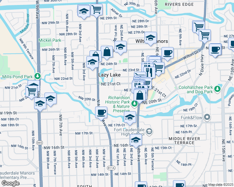 map of restaurants, bars, coffee shops, grocery stores, and more near 125 Northeast 20th Street in Wilton Manors