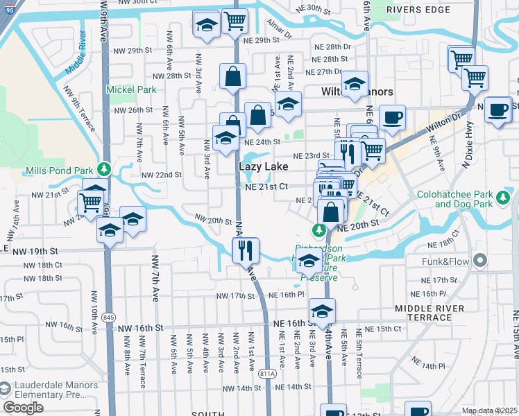 map of restaurants, bars, coffee shops, grocery stores, and more near 129 Northeast 20th Court in Wilton Manors