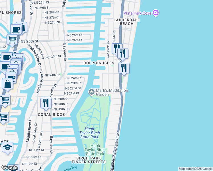 map of restaurants, bars, coffee shops, grocery stores, and more near 2000 Northeast 32nd Avenue in Fort Lauderdale