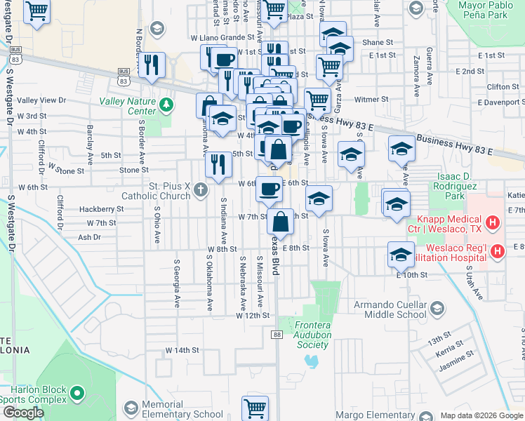 map of restaurants, bars, coffee shops, grocery stores, and more near 620 South Missouri Avenue in Weslaco