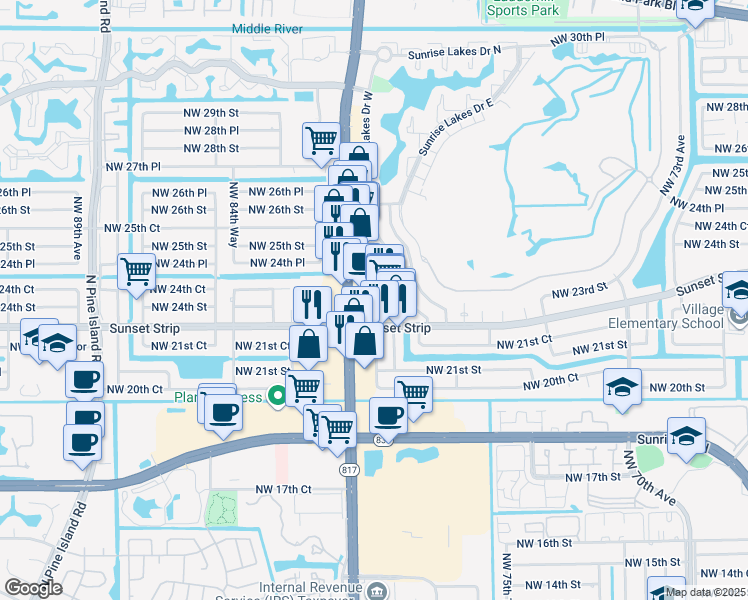 map of restaurants, bars, coffee shops, grocery stores, and more near 2320-2430 North University Drive in Sunrise