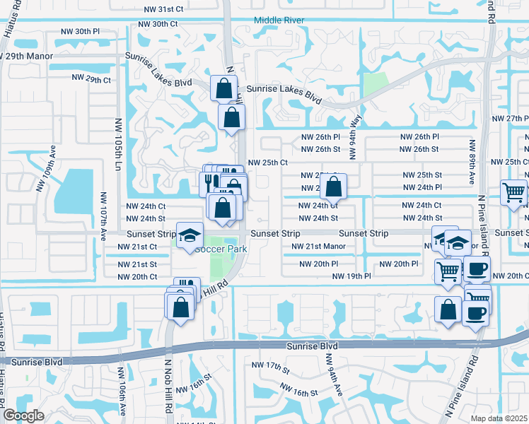 map of restaurants, bars, coffee shops, grocery stores, and more near 2441 Northwest 98th Lane in Sunrise