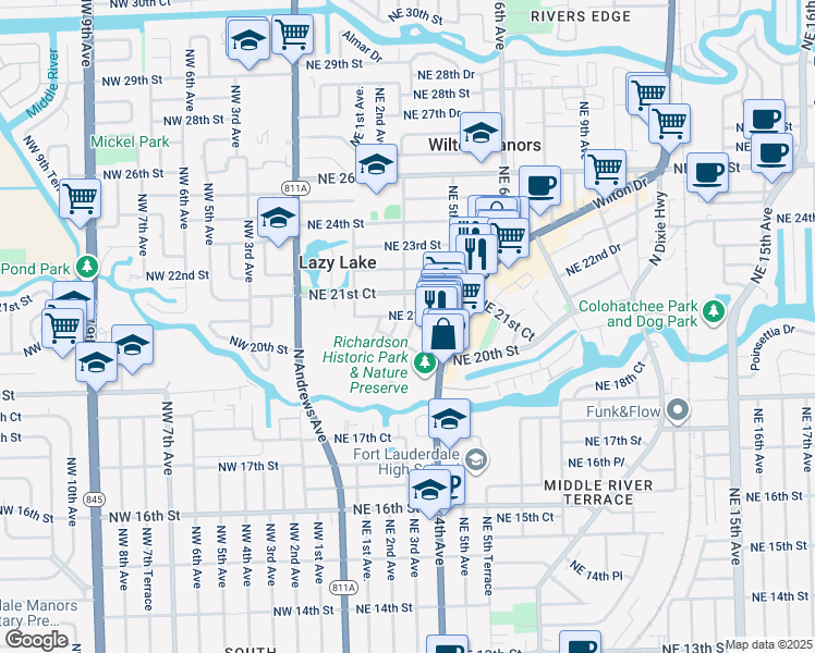 map of restaurants, bars, coffee shops, grocery stores, and more near 2015 Northeast 3rd Terrace in Wilton Manors