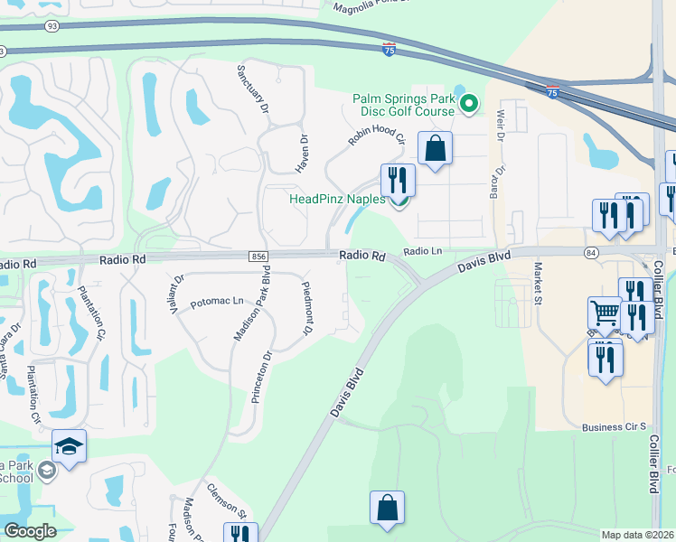 map of restaurants, bars, coffee shops, grocery stores, and more near 8144 Monticello Court in Naples