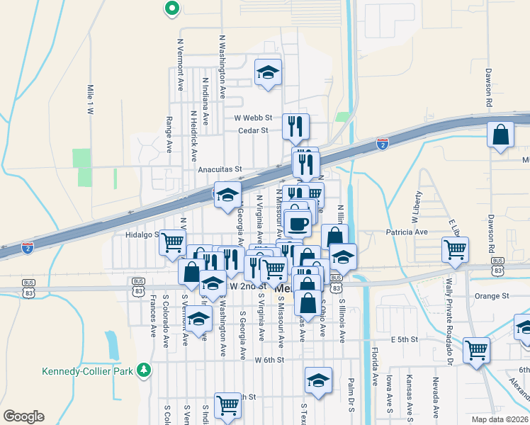 map of restaurants, bars, coffee shops, grocery stores, and more near 263 North Virginia Avenue in Mercedes