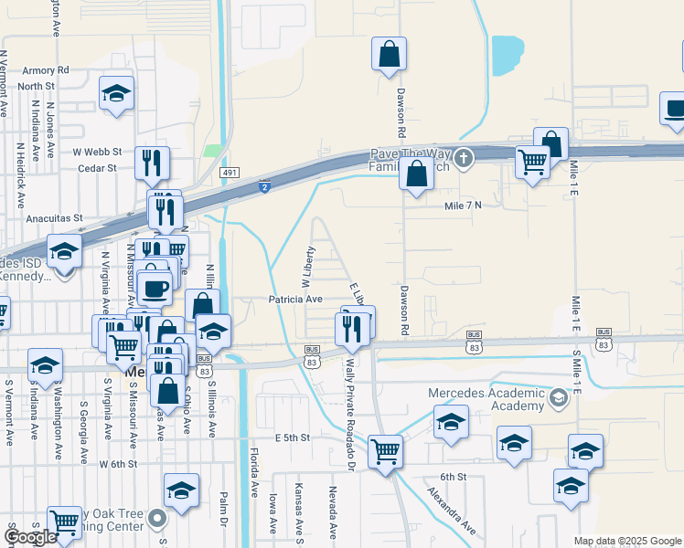 map of restaurants, bars, coffee shops, grocery stores, and more near 418 E Liberty St in Mercedes