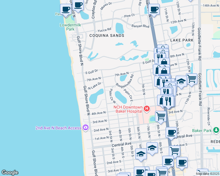 map of restaurants, bars, coffee shops, grocery stores, and more near 641 Palm Circle East in Naples