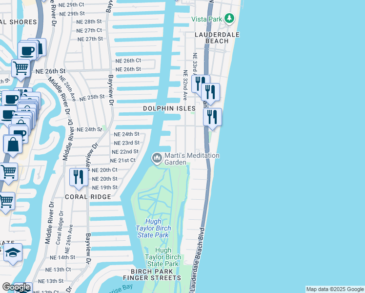 map of restaurants, bars, coffee shops, grocery stores, and more near 2000 Northeast 32nd Avenue in Fort Lauderdale