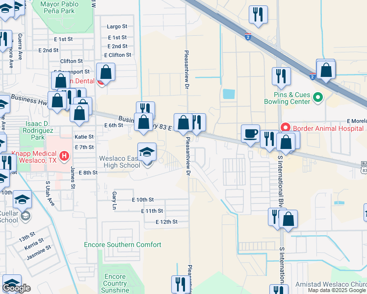 map of restaurants, bars, coffee shops, grocery stores, and more near 624 South Pleasantview Drive in Weslaco