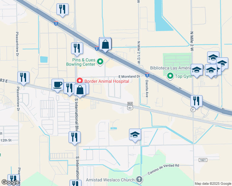 map of restaurants, bars, coffee shops, grocery stores, and more near 805 Palestina Street in Weslaco