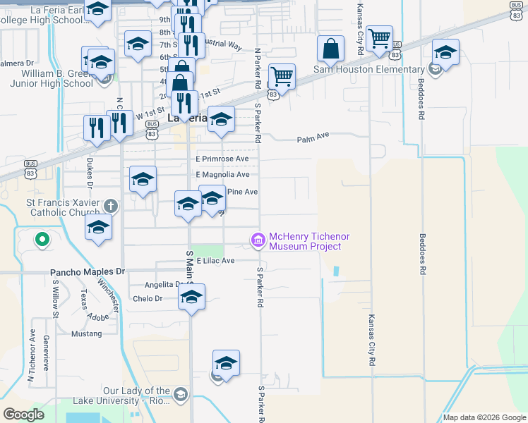 map of restaurants, bars, coffee shops, grocery stores, and more near 501 S Parker Rd in La Feria