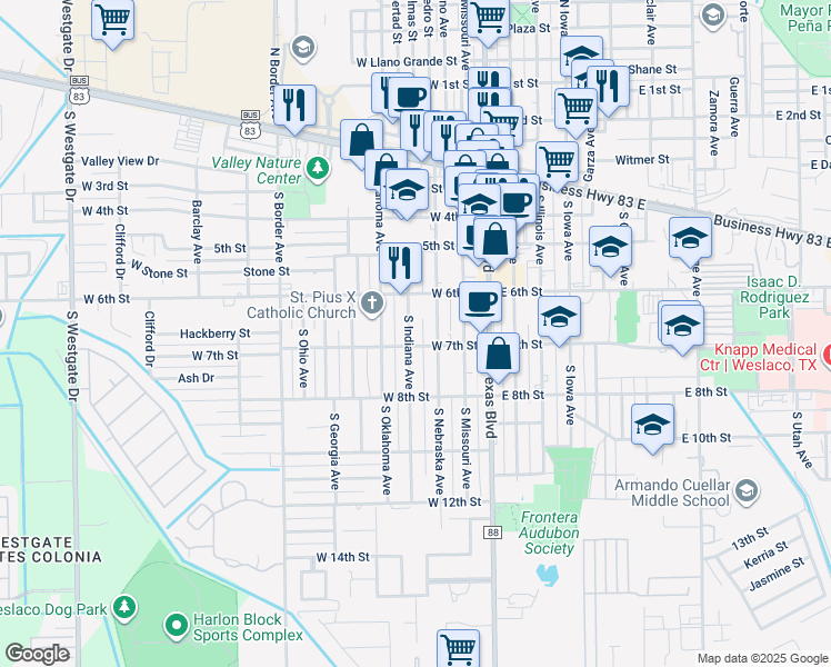map of restaurants, bars, coffee shops, grocery stores, and more near 619 South Indiana Avenue in Weslaco