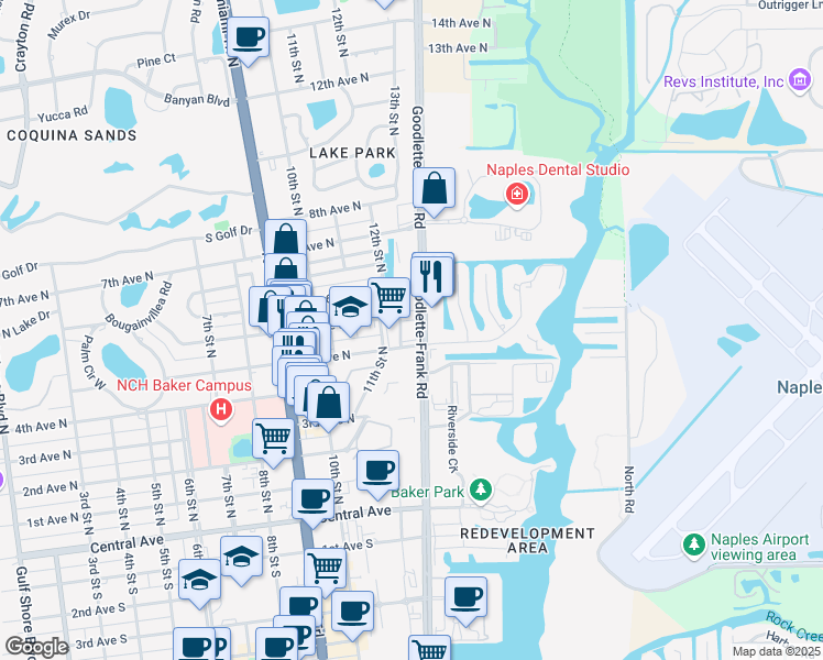 map of restaurants, bars, coffee shops, grocery stores, and more near 542 11th Street North in Naples