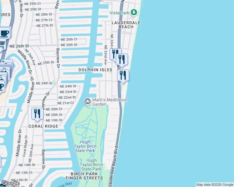 map of restaurants, bars, coffee shops, grocery stores, and more near 2000 North Ocean Boulevard in Fort Lauderdale