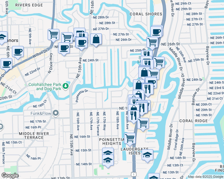 map of restaurants, bars, coffee shops, grocery stores, and more near 1757 Northeast 21st Street in Fort Lauderdale