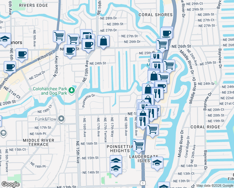 map of restaurants, bars, coffee shops, grocery stores, and more near 1757 Northeast 21st Street in Fort Lauderdale