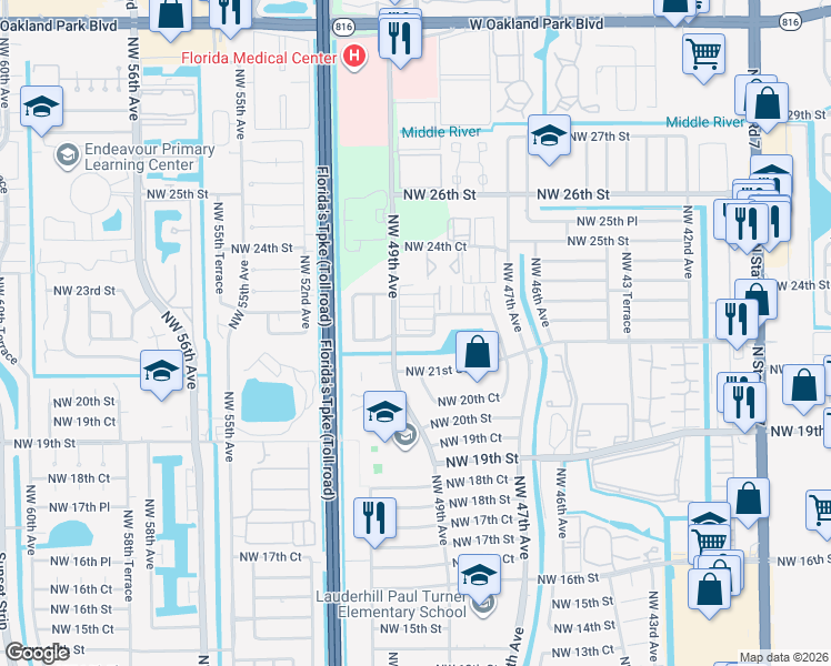 map of restaurants, bars, coffee shops, grocery stores, and more near 3 Northwest 48th Terrace in Lauderhill