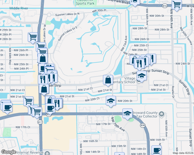 map of restaurants, bars, coffee shops, grocery stores, and more near 7470 Northwest 23rd Street in Sunrise