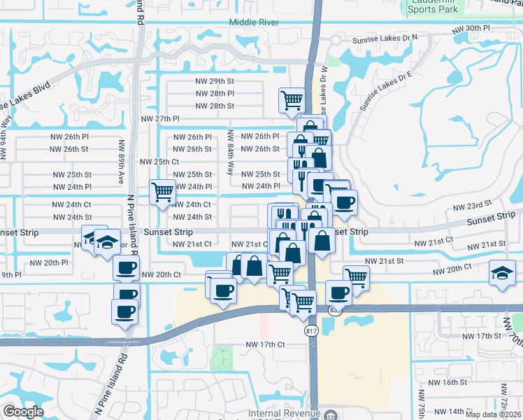 map of restaurants, bars, coffee shops, grocery stores, and more near 8370 Northwest 24th Court in Sunrise