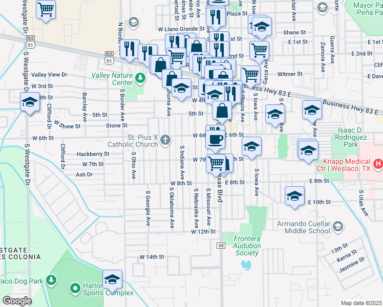 map of restaurants, bars, coffee shops, grocery stores, and more near 619 South Indiana Avenue in Weslaco