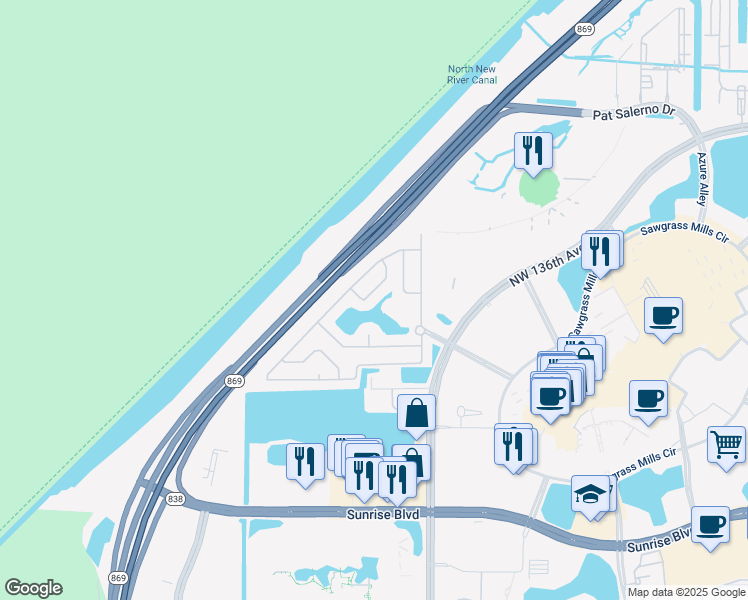 map of restaurants, bars, coffee shops, grocery stores, and more near 2360 Northwest 138th Drive in Sunrise