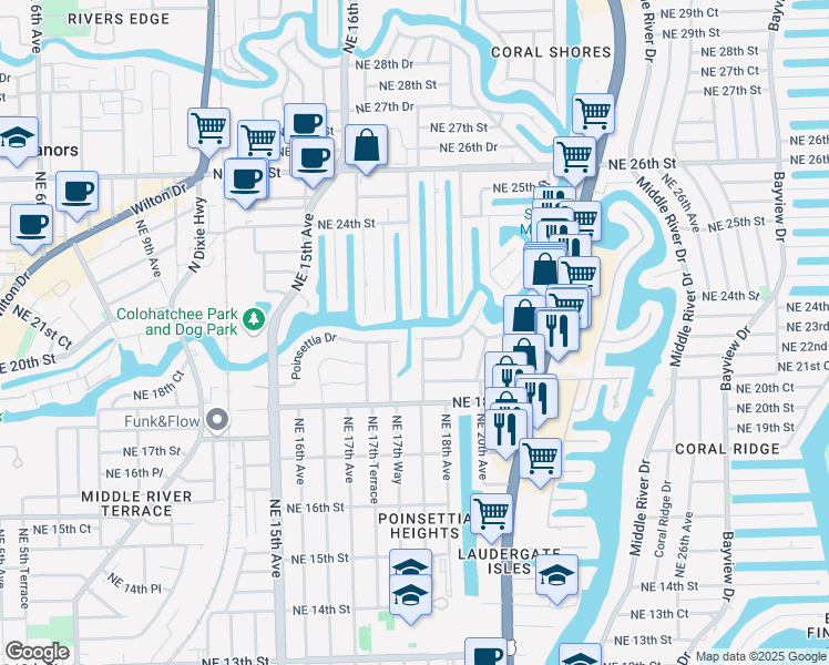 map of restaurants, bars, coffee shops, grocery stores, and more near 1757 Northeast 21st Street in Fort Lauderdale