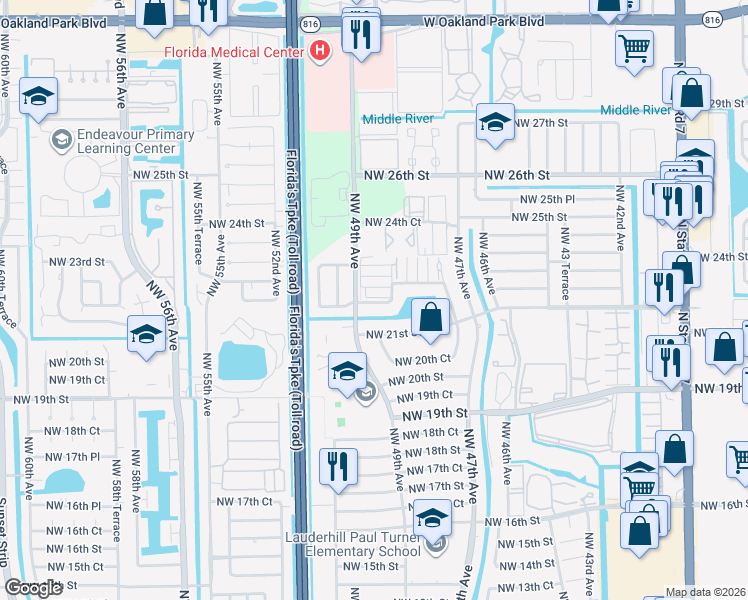 map of restaurants, bars, coffee shops, grocery stores, and more near 3 Northwest 48th Terrace in Lauderhill